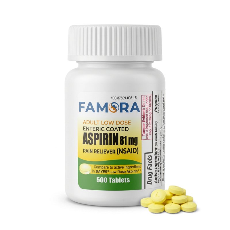 Famora Low Dose Aspirin 81mg Enteric Coated Tablets bottle