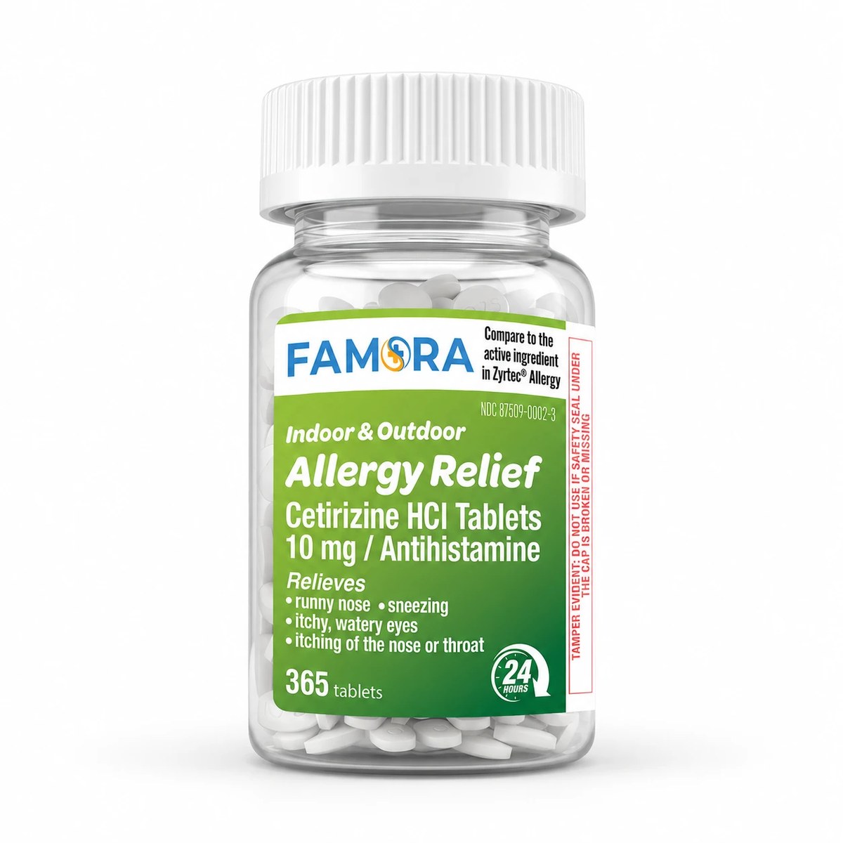 Famora Indoor and Outdoor Allergy Relief Cetirizine HCl 10 mg, 365 tablets.