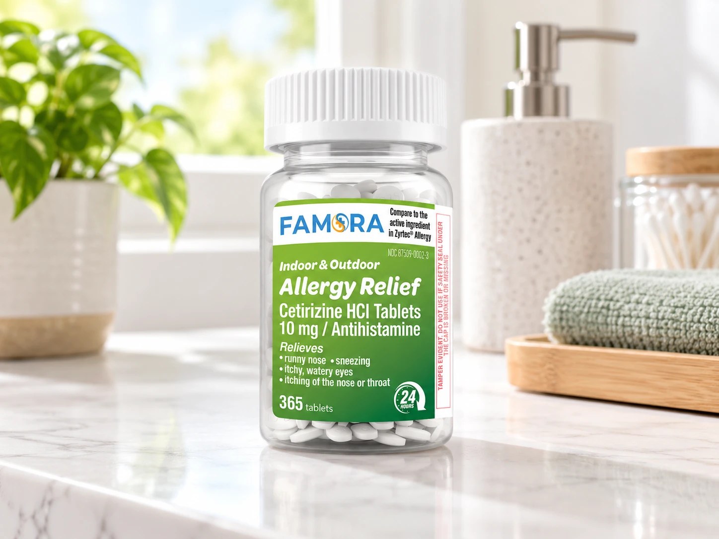 Famora Cetirizine allergy relief in an organized home medicine cabinet.