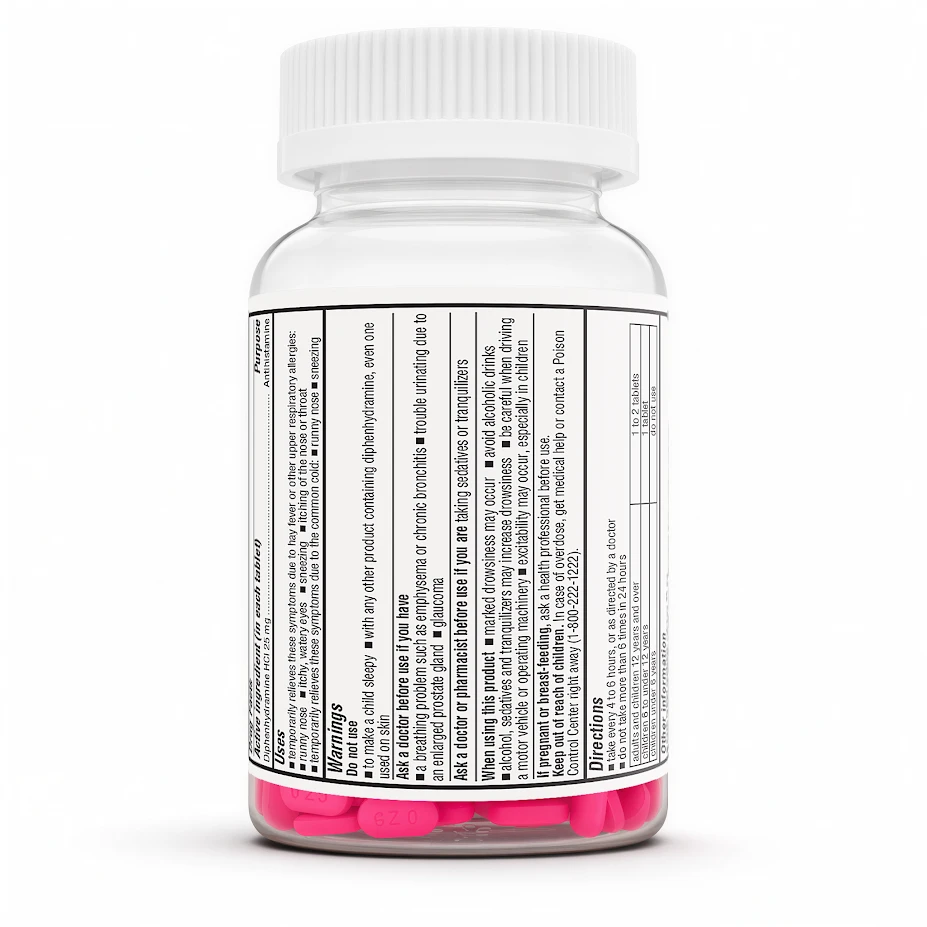 Full Drug Facts label for Famora Diphenhydramine HCl 25 mg allergy relief caplets.