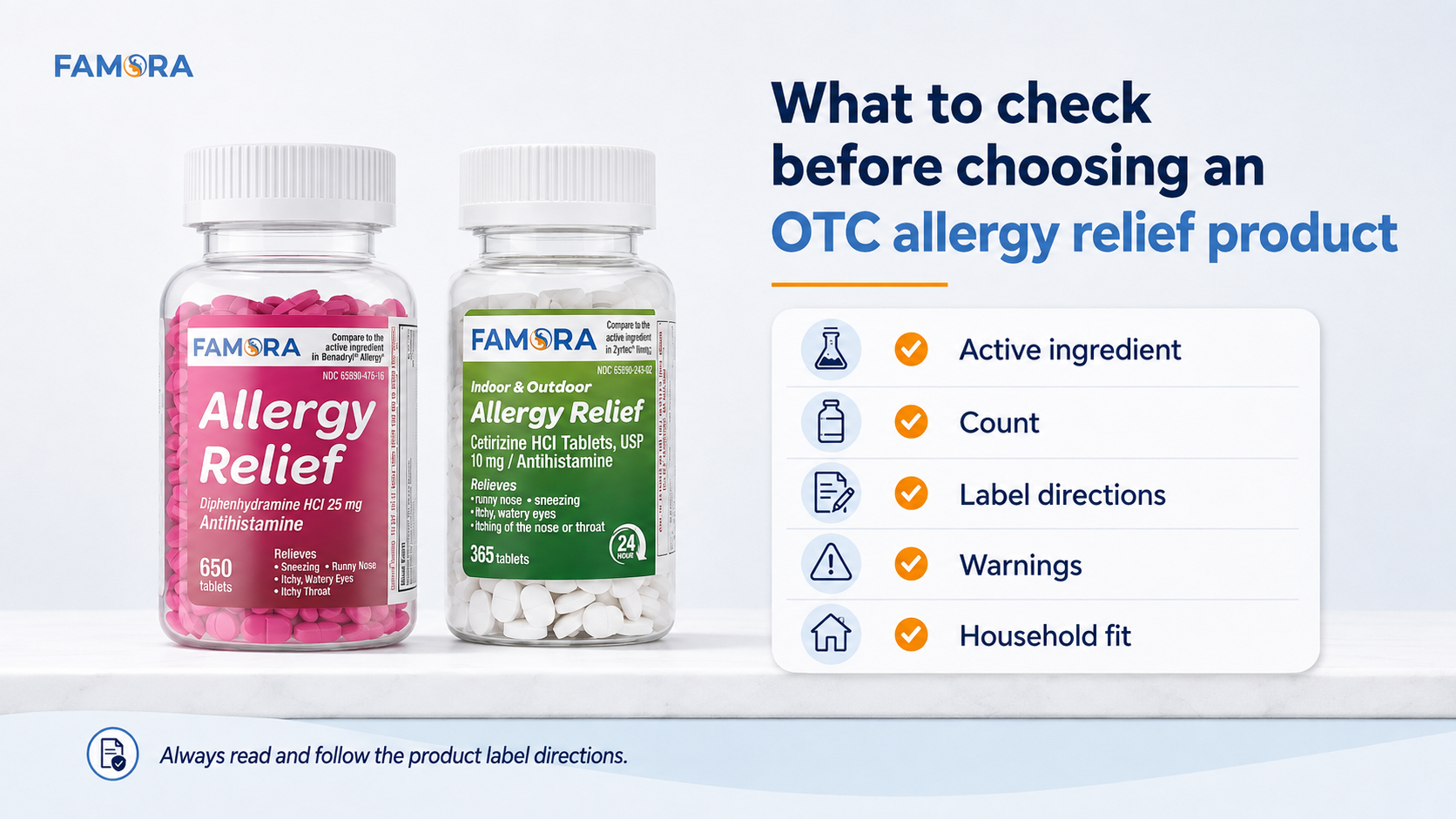 What to check before choosing an OTC allergy relief product: active ingredient, count, label directions, warnings, household fit.