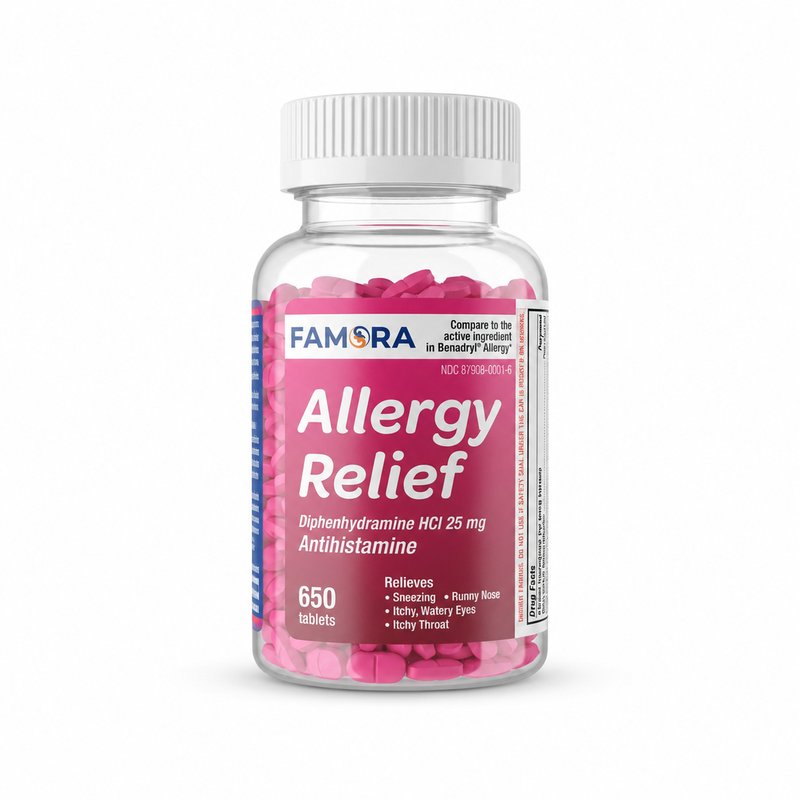 Famora Allergy Relief 25mg Diphenhydramine HCl bottle