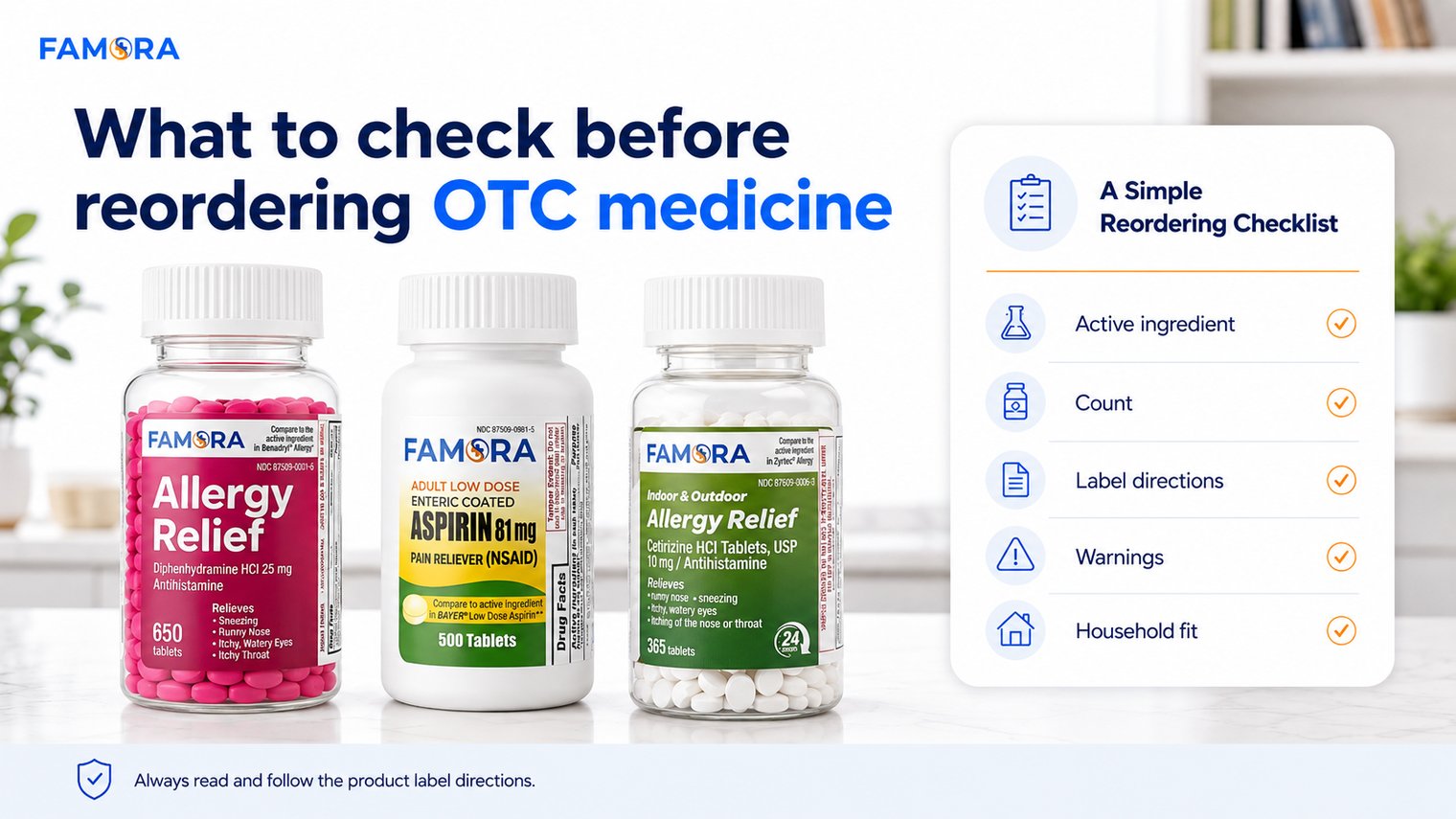 Famora OTC medicine checklist showing active ingredient, count, label directions, warnings, and household fit before reordering on Amazon.