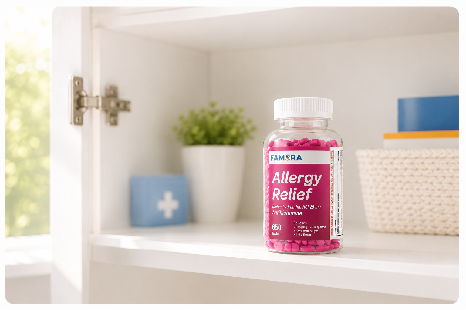 Famora Allergy Relief bottle in a home medicine cabinet