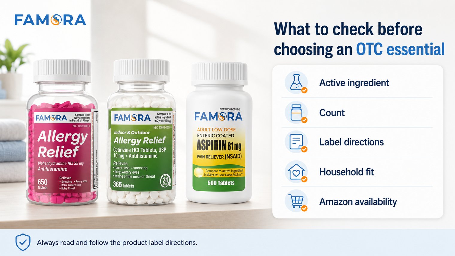 Famora OTC essentials on Amazon with Diphenhydramine, Cetirizine, and Low Dose Aspirin product bottles.