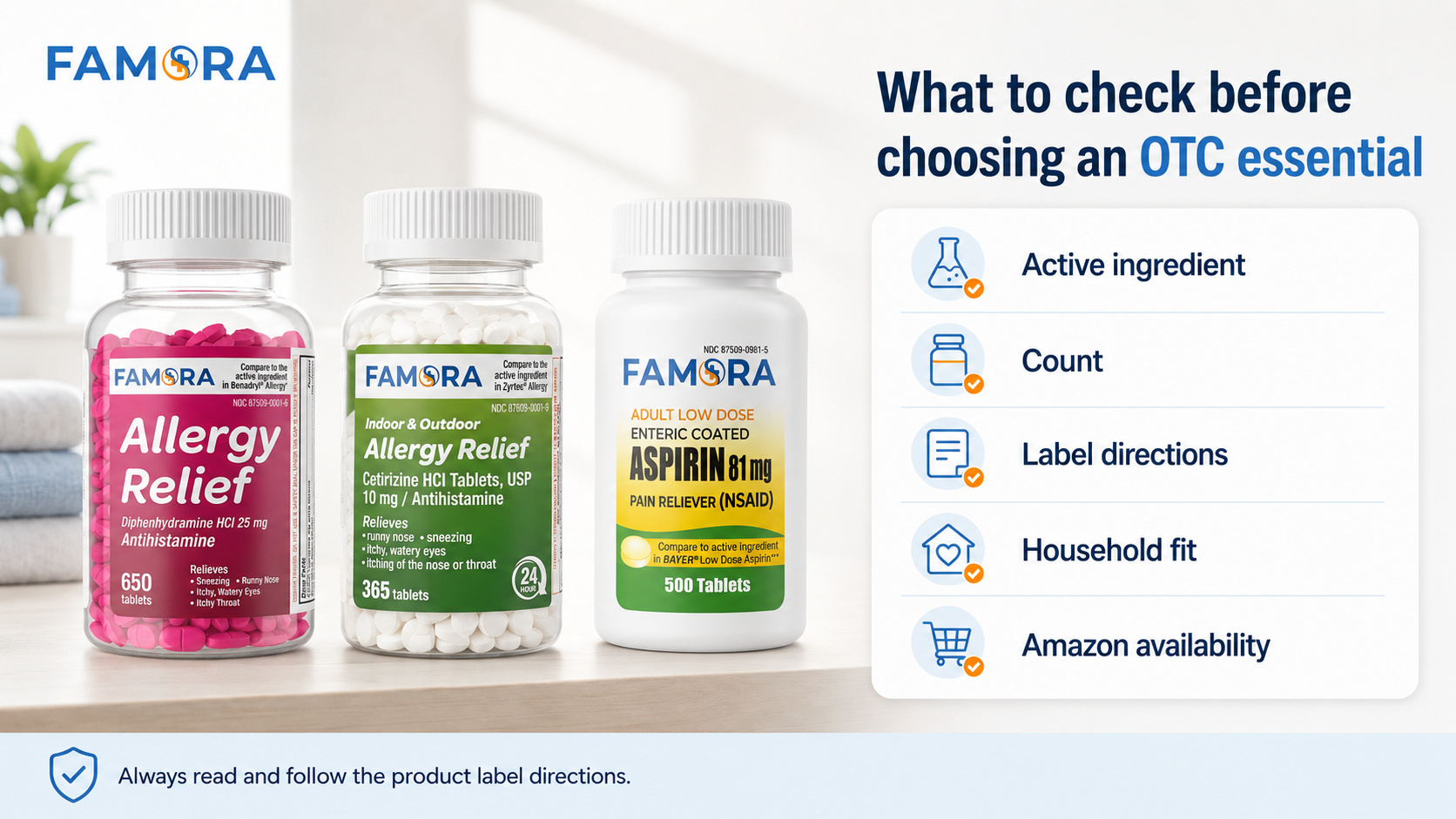 Famora OTC essentials on Amazon with Diphenhydramine, Cetirizine, and Low Dose Aspirin product bottles.